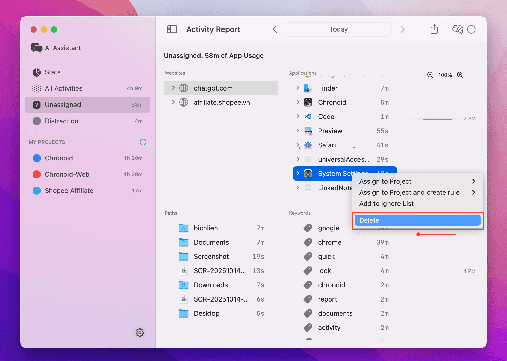 Delete activity context menu