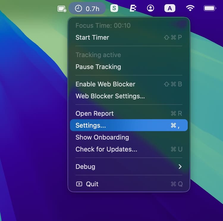 Open Settings from the menu bar status icon