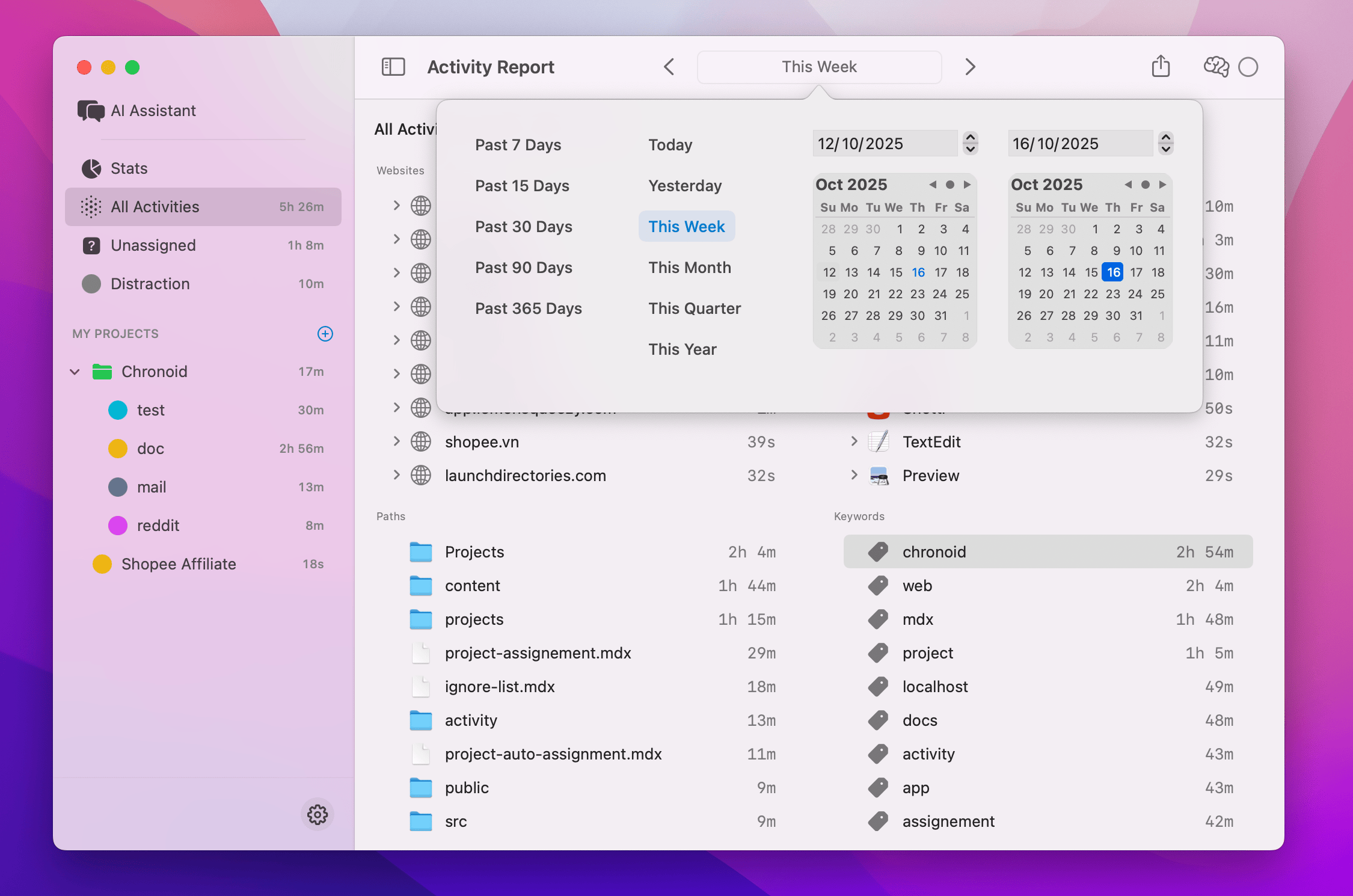 Activity Report - Select time range