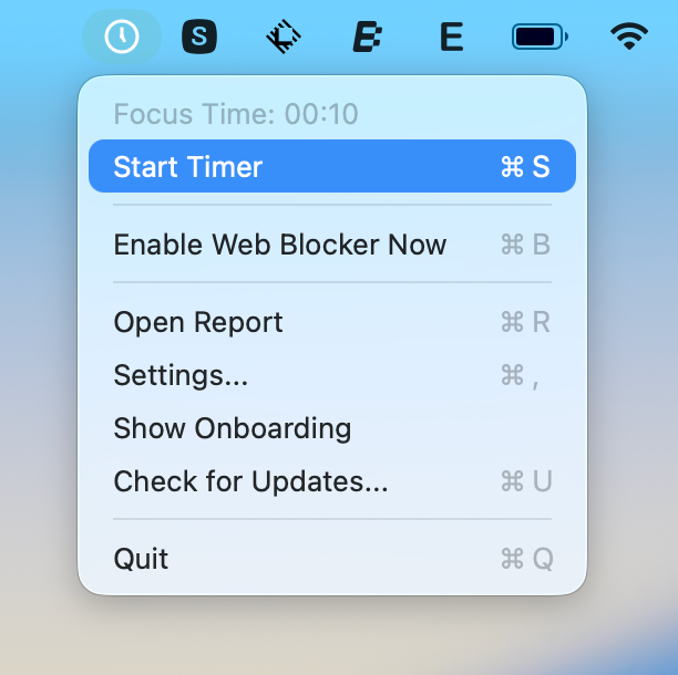Start Pomodoro - Shows the menu option to start a Pomodoro session