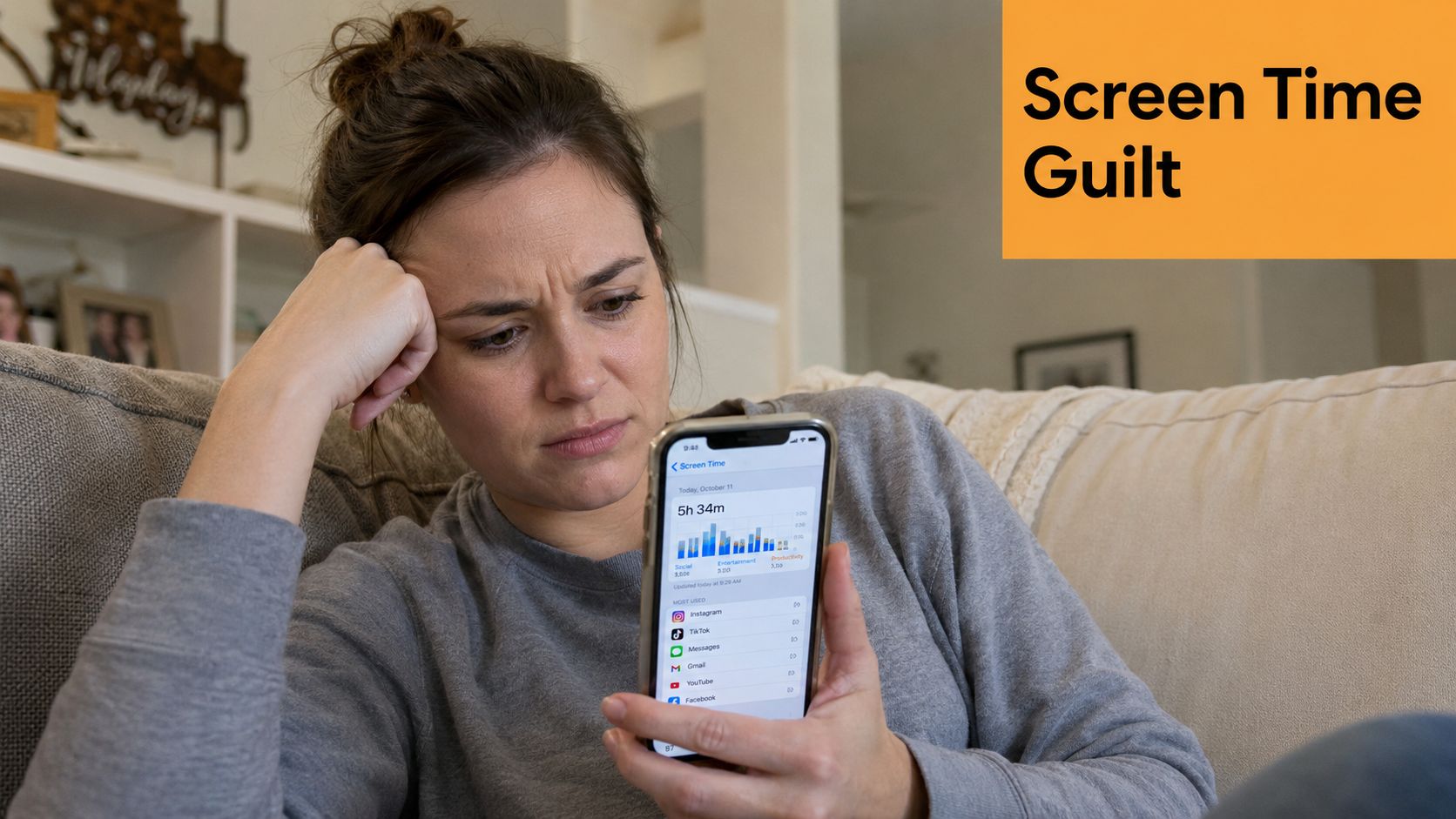 A concerned woman sits on a couch looking at her iPhone screen time statistics with worry.