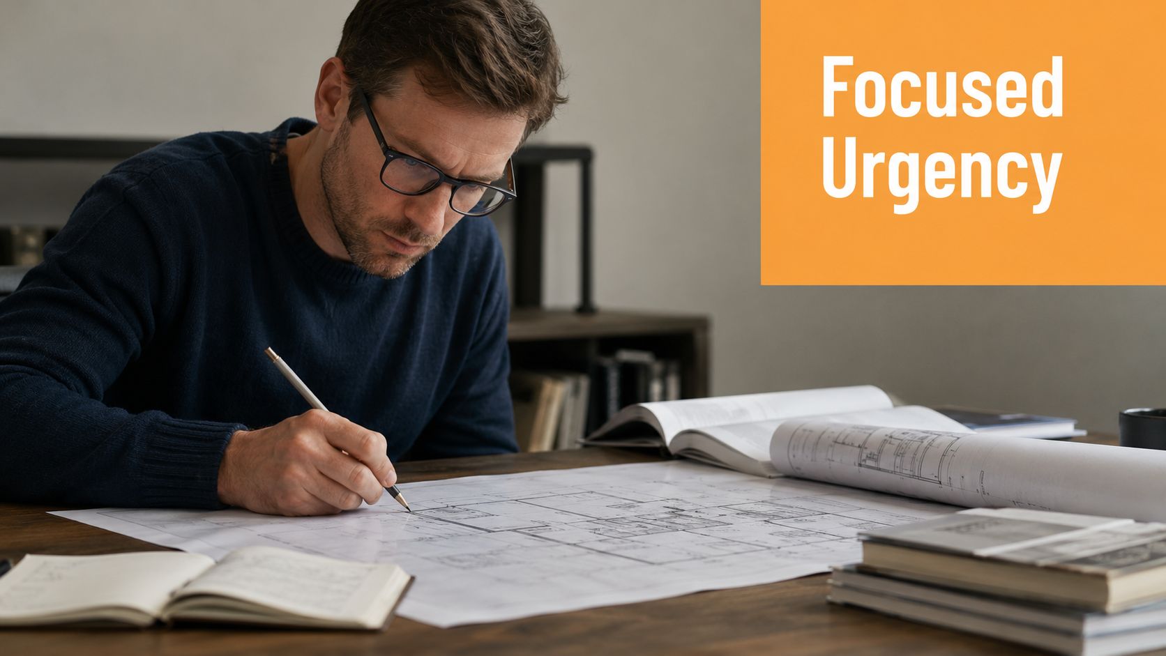 A focused man wearing glasses works at a desk, sketching architectural plans with a pencil.