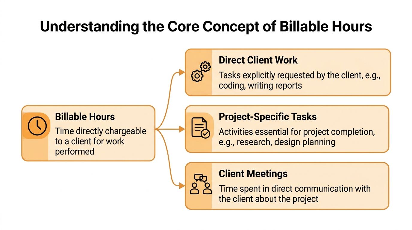 A diagram explaining the core concept of billable hours as time directly chargeable to a client.