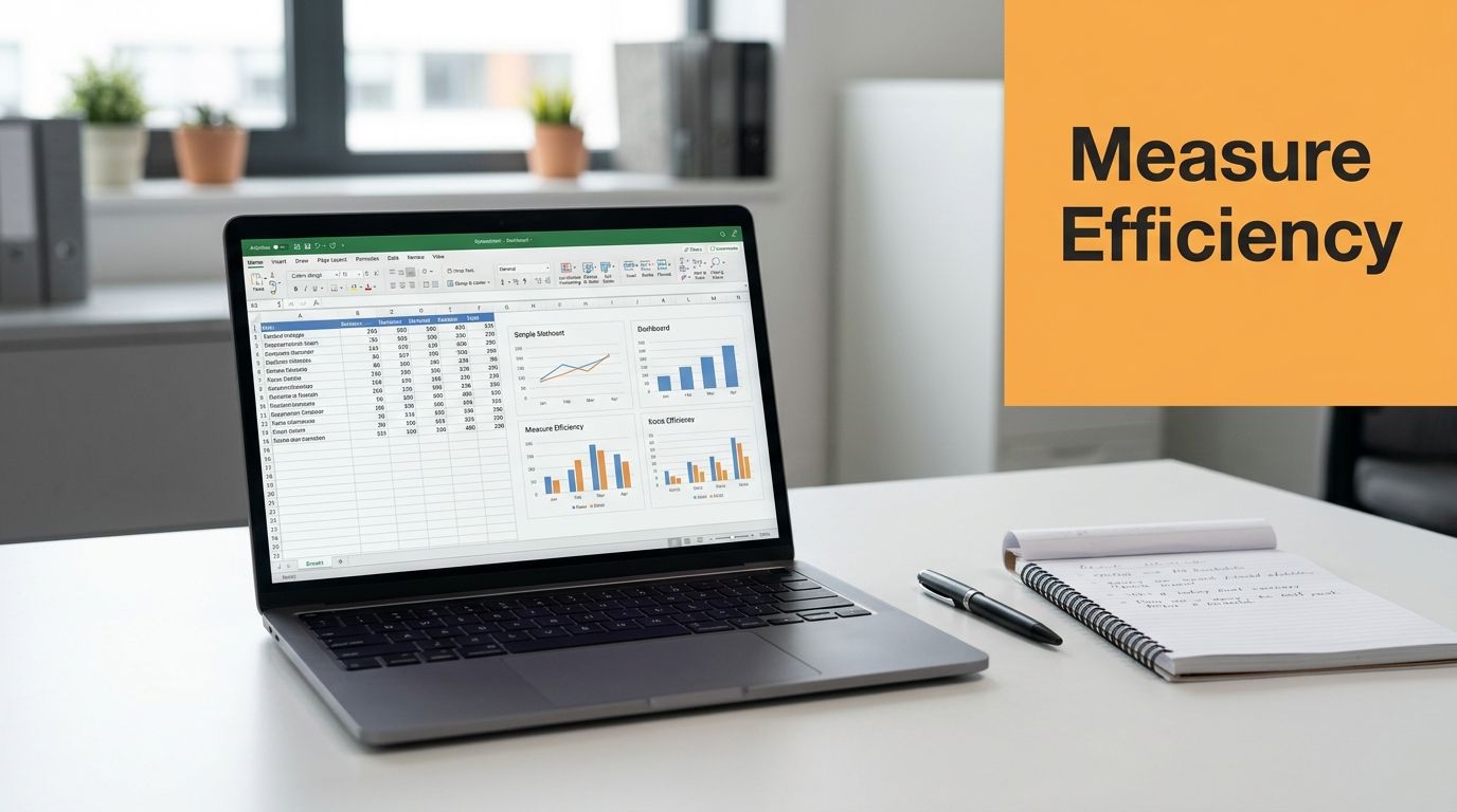 A modern laptop on a white desk displaying business spreadsheets and charts about efficiency.