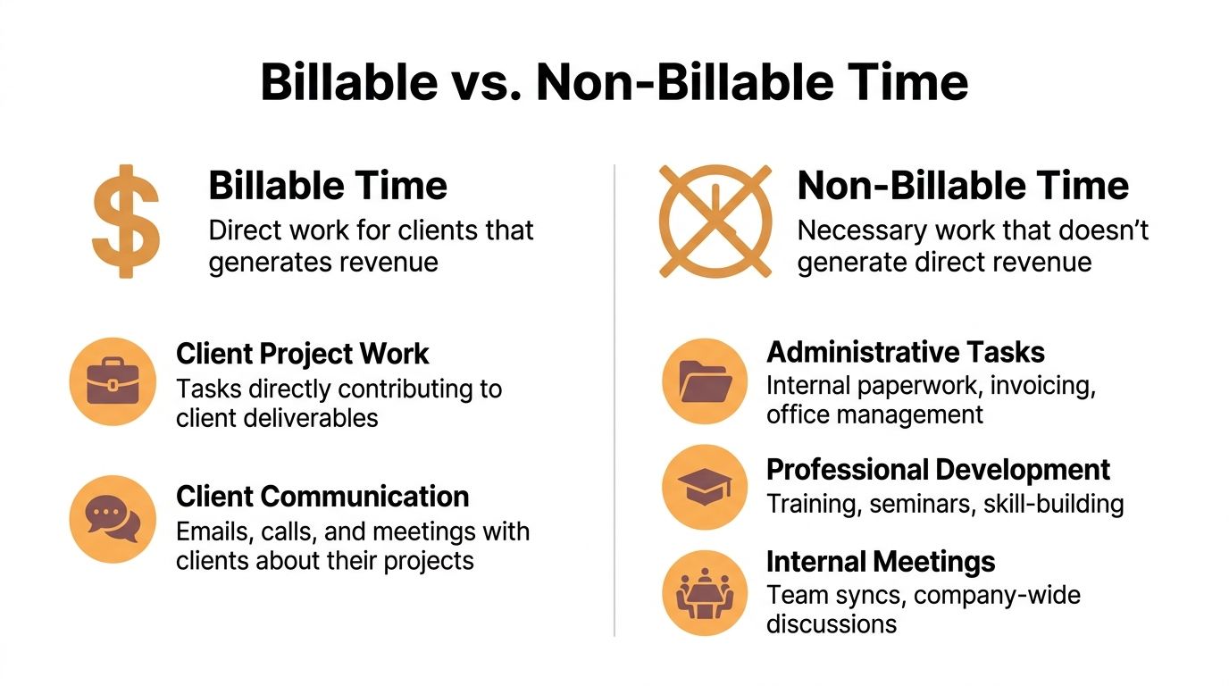 A comparison chart explaining the difference between billable time and non-billable time in professional services.
