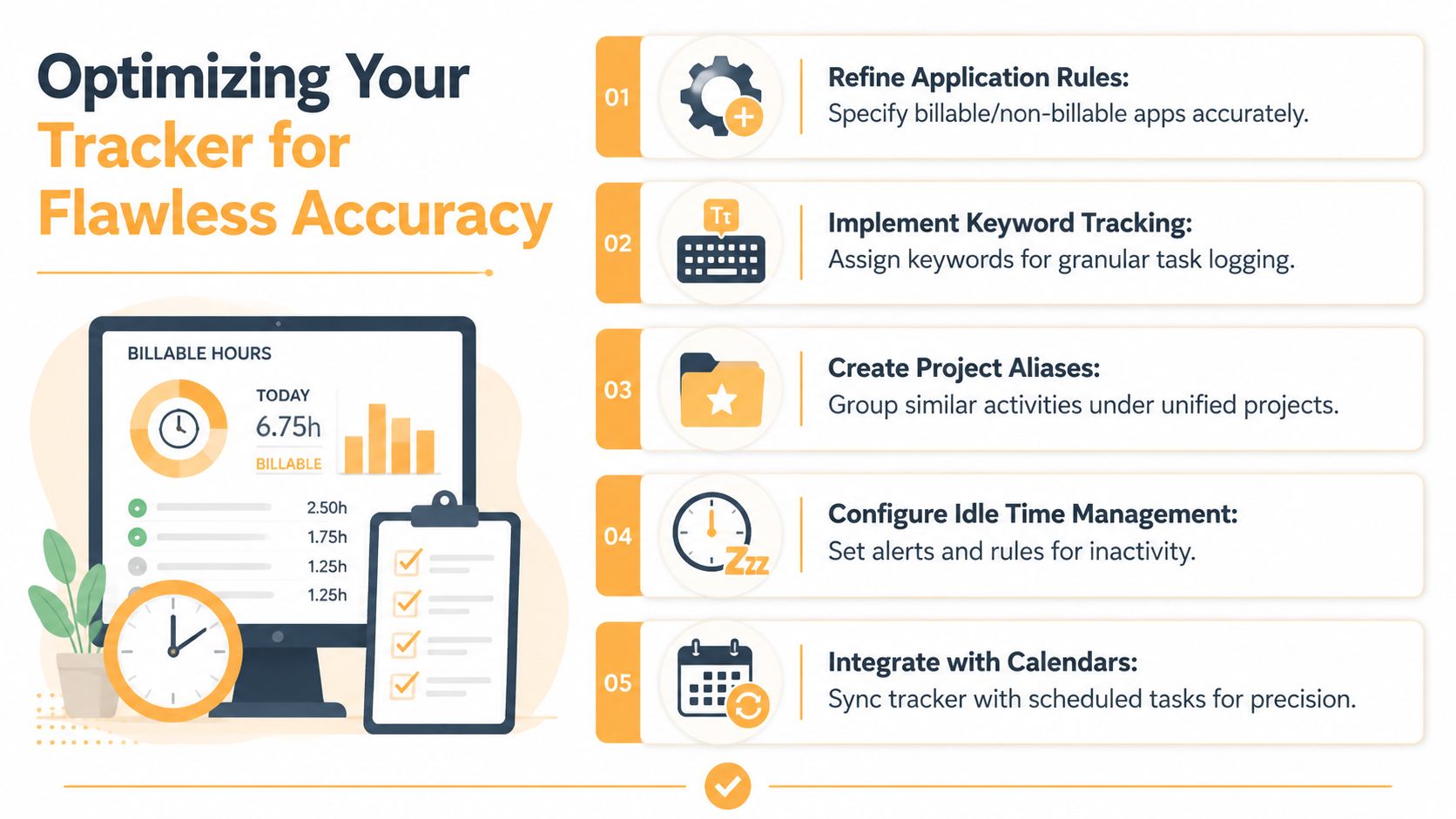 An infographic showing five tips for optimizing a billable hours tracker for improved accuracy and precision.