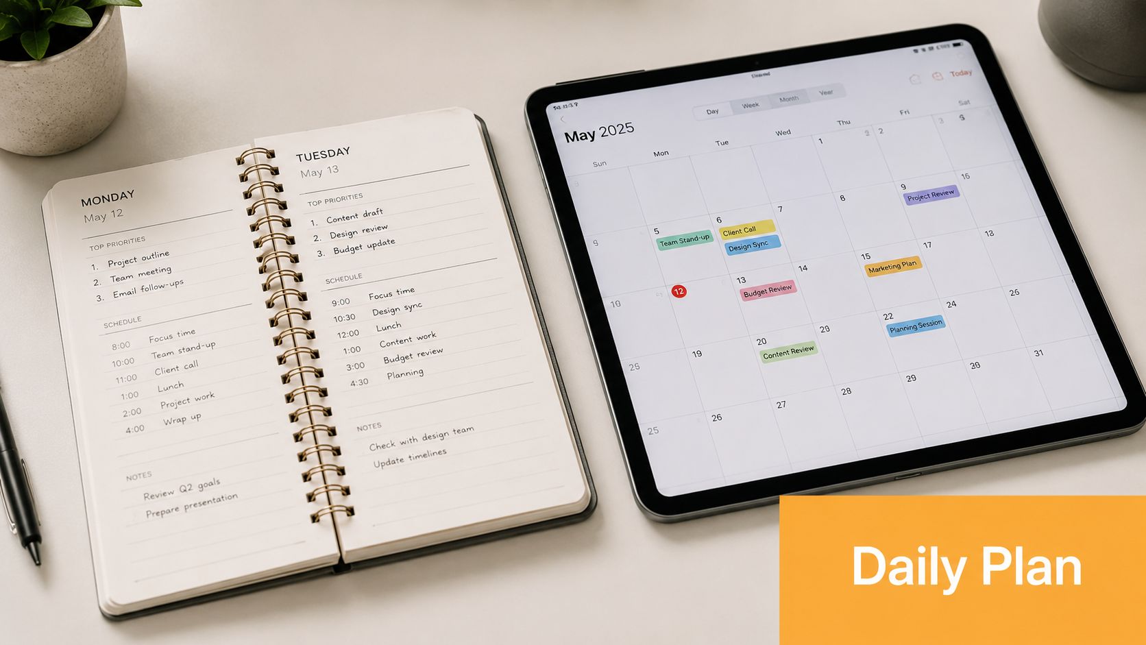 A top-down view of a planner notebook and digital tablet on a desk with daily scheduling.