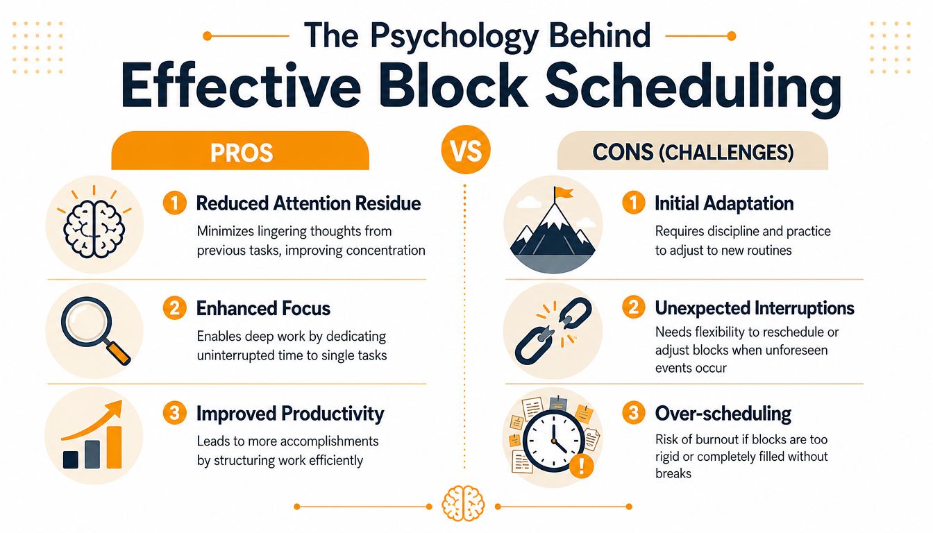 An infographic comparing the pros and cons of block scheduling for improved productivity and time management.