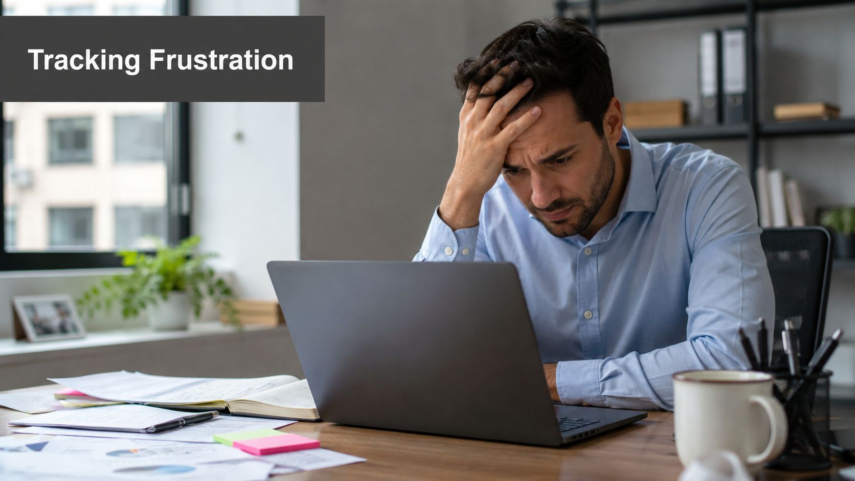 A frustrated male professional sitting at his desk, head in hands, looking at a laptop screen.