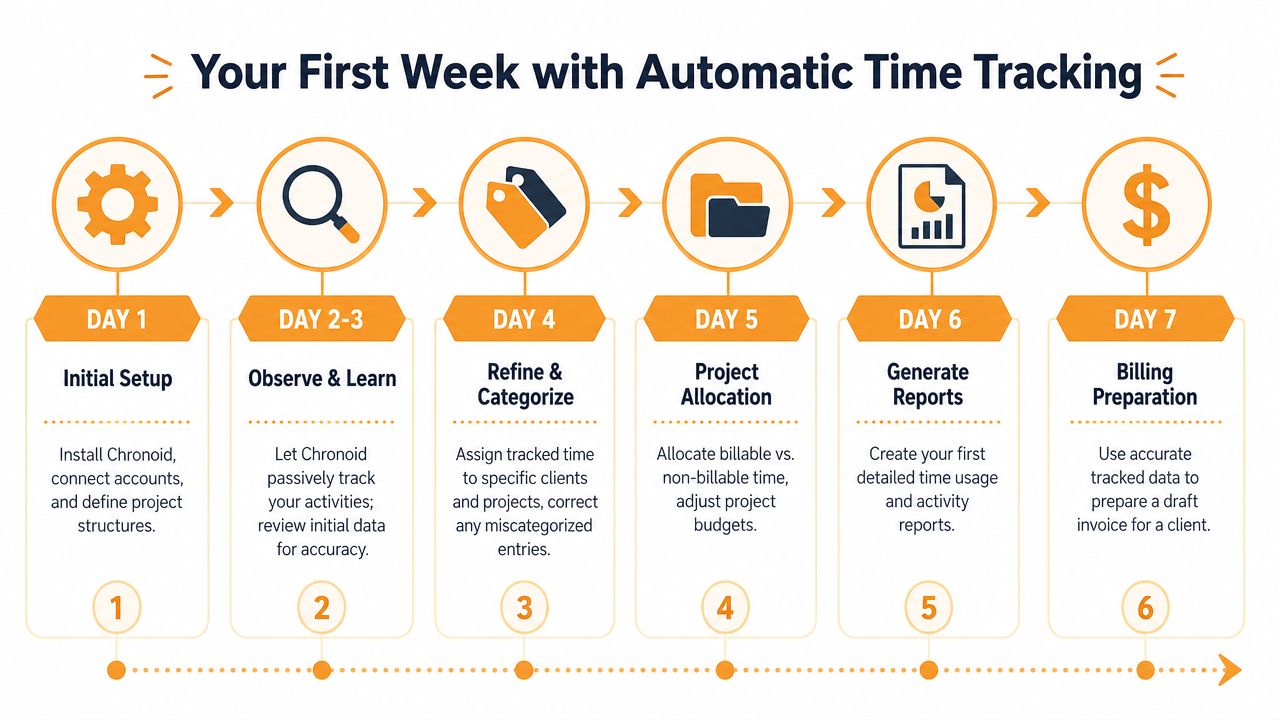 A six-step guide outlining how to use automatic time tracking software during the first week.