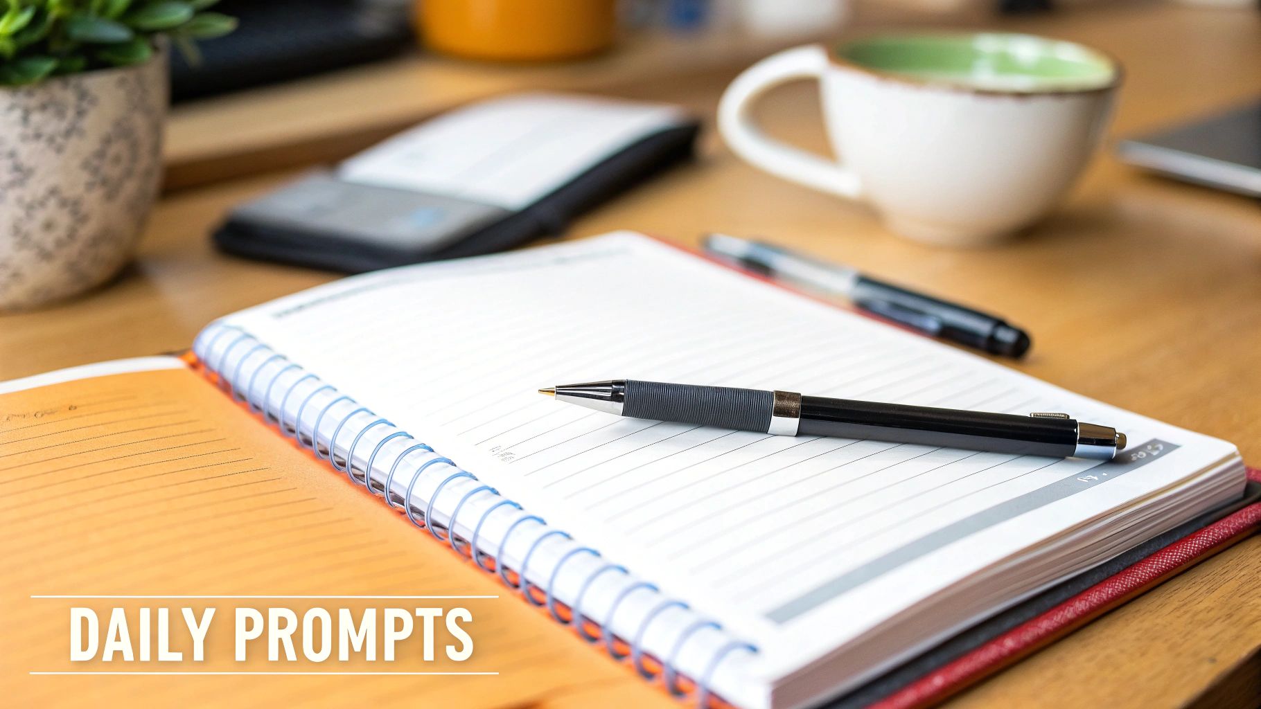 An open spiral notebook with a pen on a wooden desk, ready for daily prompts.