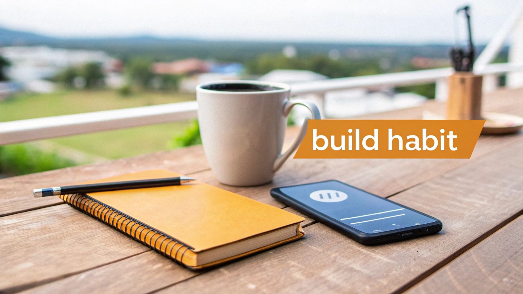 A coffee mug, notebook, pen, and smartphone on a wooden table outdoors, with a 'build habit' banner.