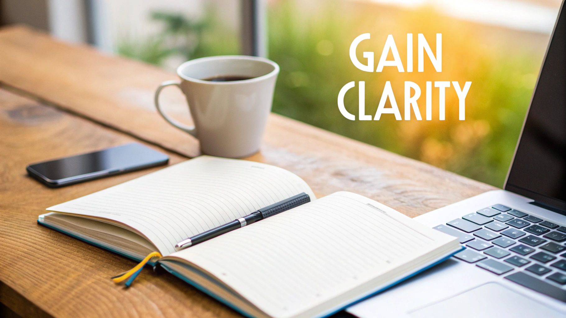 A wooden desk with a laptop, open notebook, pen, coffee mug, and smartphone, with 'GAIN CLARITY' text.