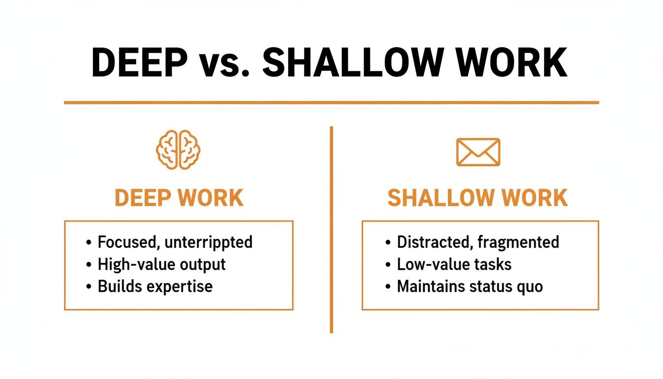 Infographic comparing deep work (focused, high-value, expertise building) with shallow work (distracted, low-value, maintains status quo).