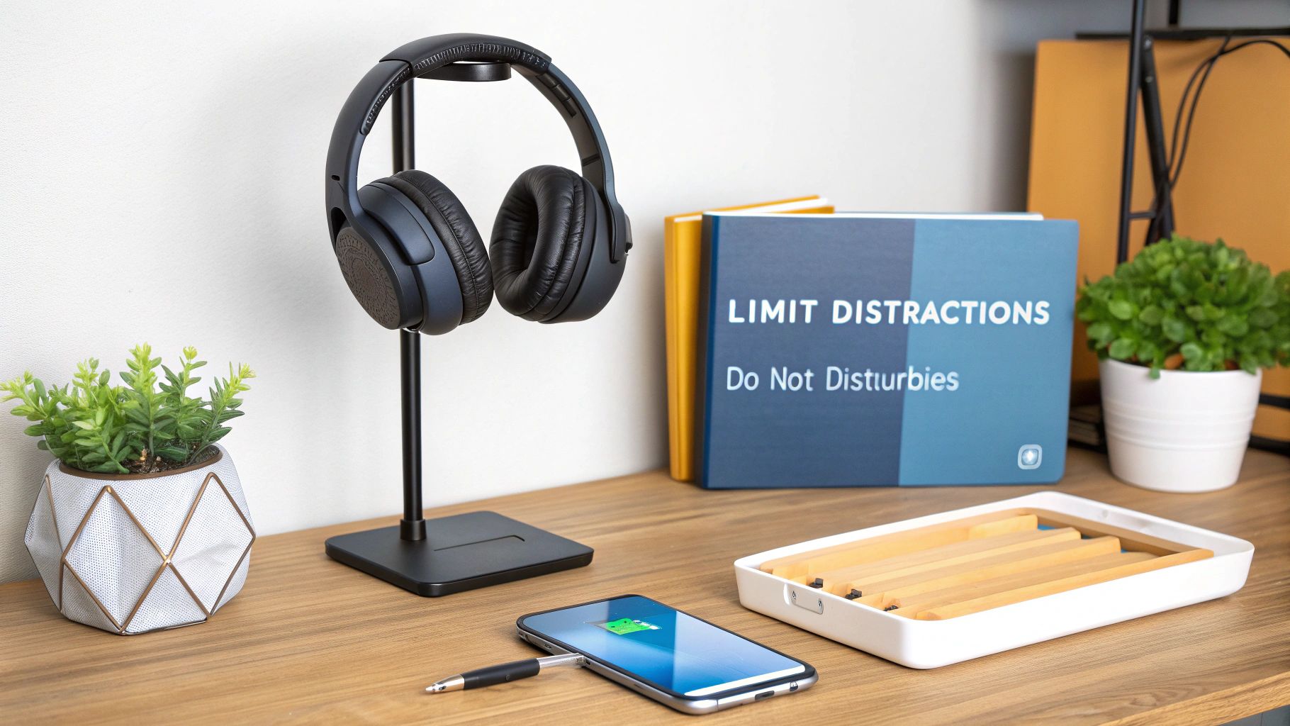 A neat desk setup with headphones, a 'Limit Distractions' book, plants, and a charging phone.