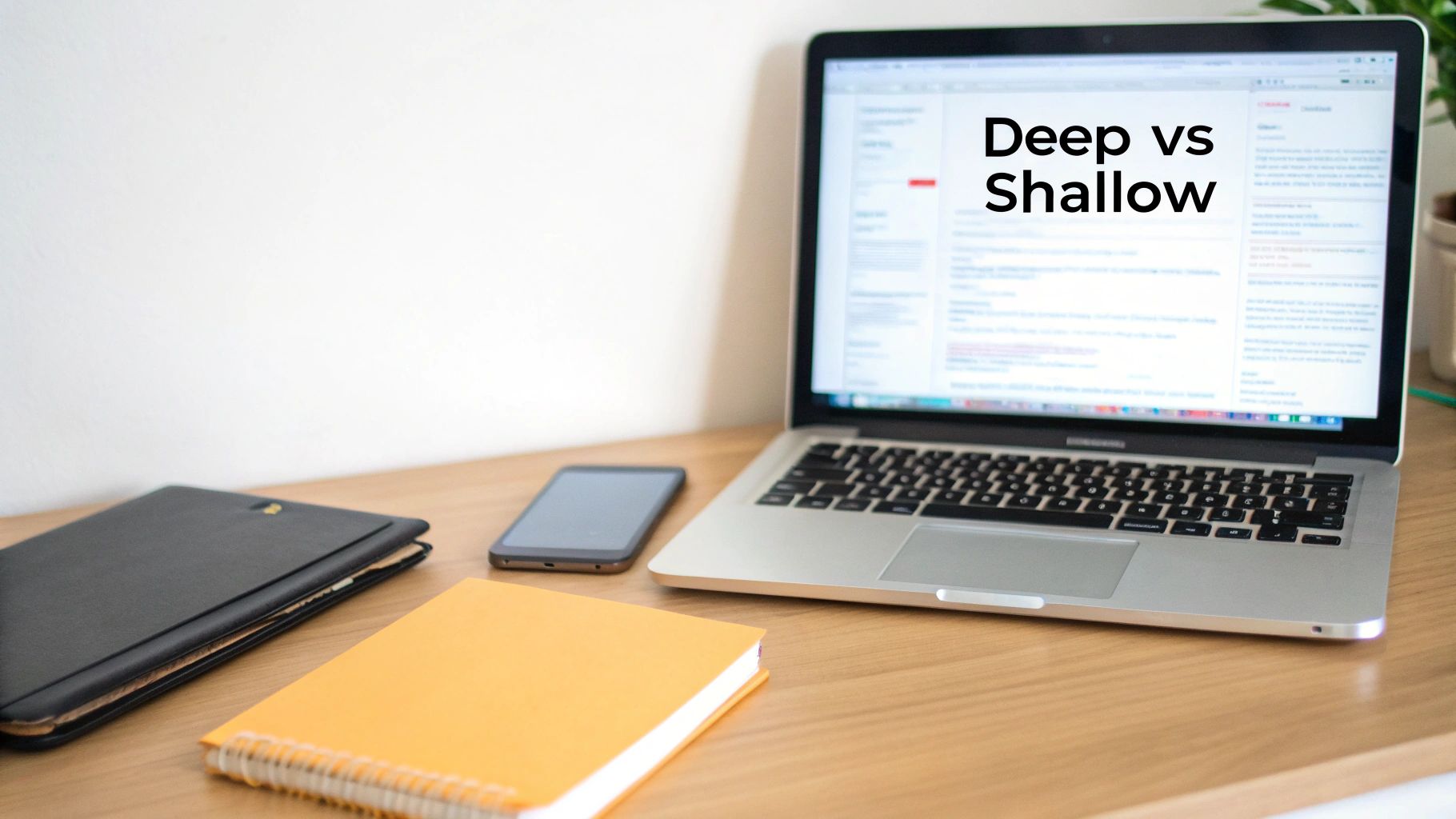A laptop on a wooden desk displaying 'Deep vs Shallow', accompanied by a smartphone and notebooks.