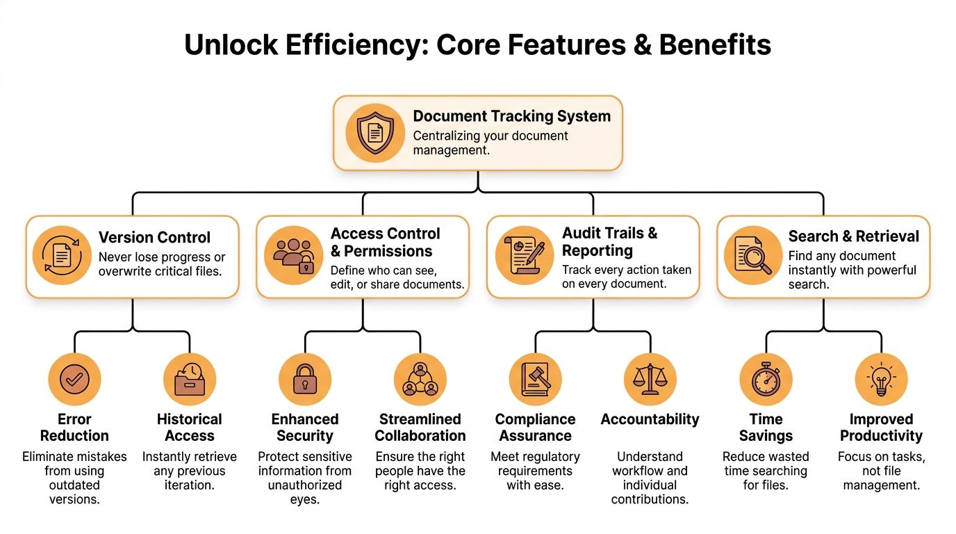 A diagram illustrating the core features and benefits of a centralized document tracking system for businesses.