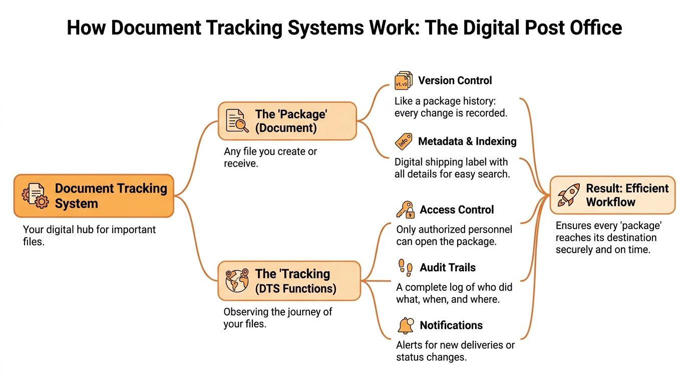 A diagram illustrating how digital document tracking systems function by managing files and tracking their progress.