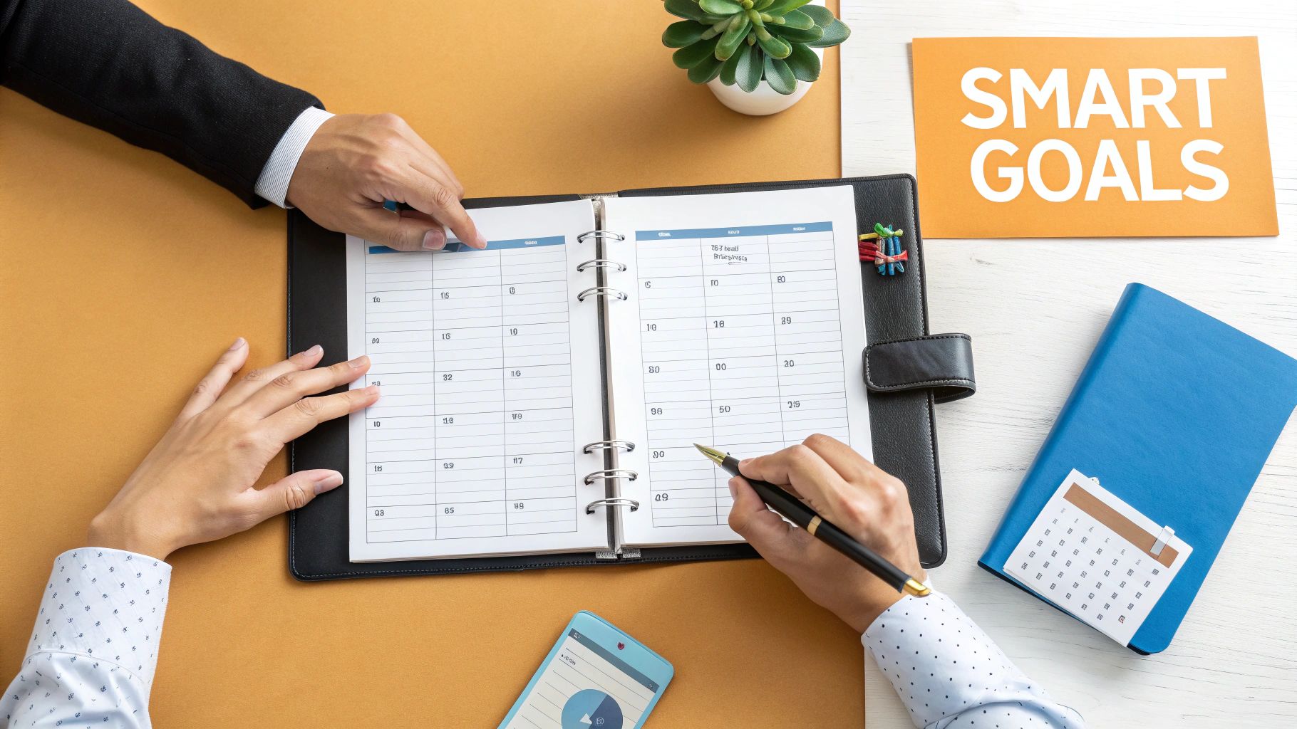 Two people collaboratively planning a schedule in an open planner, with a "SMART Goals" sign.
