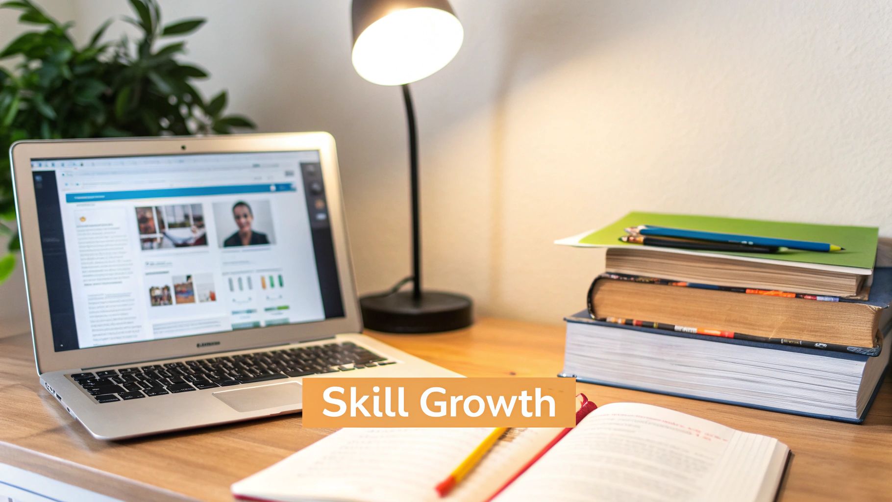 A well-lit desk with a laptop, stack of books, and an open notebook, promoting skill growth.