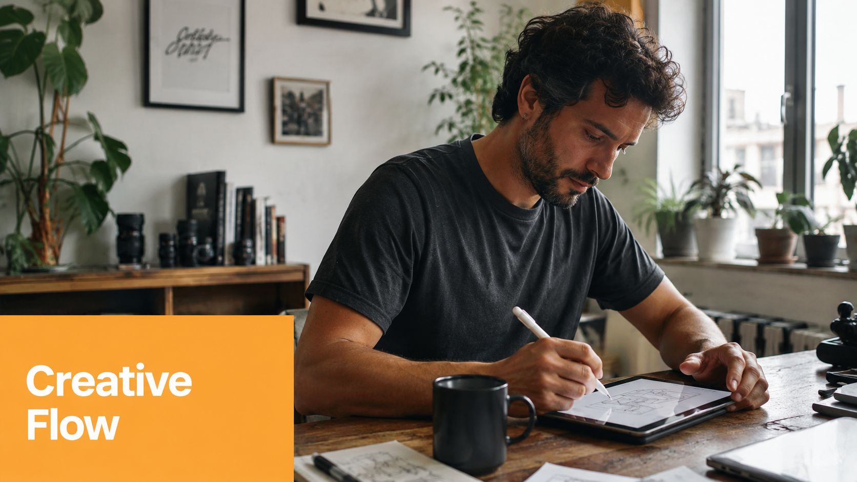 A creative professional focused on digital sketching on a tablet while working at a wooden desk.