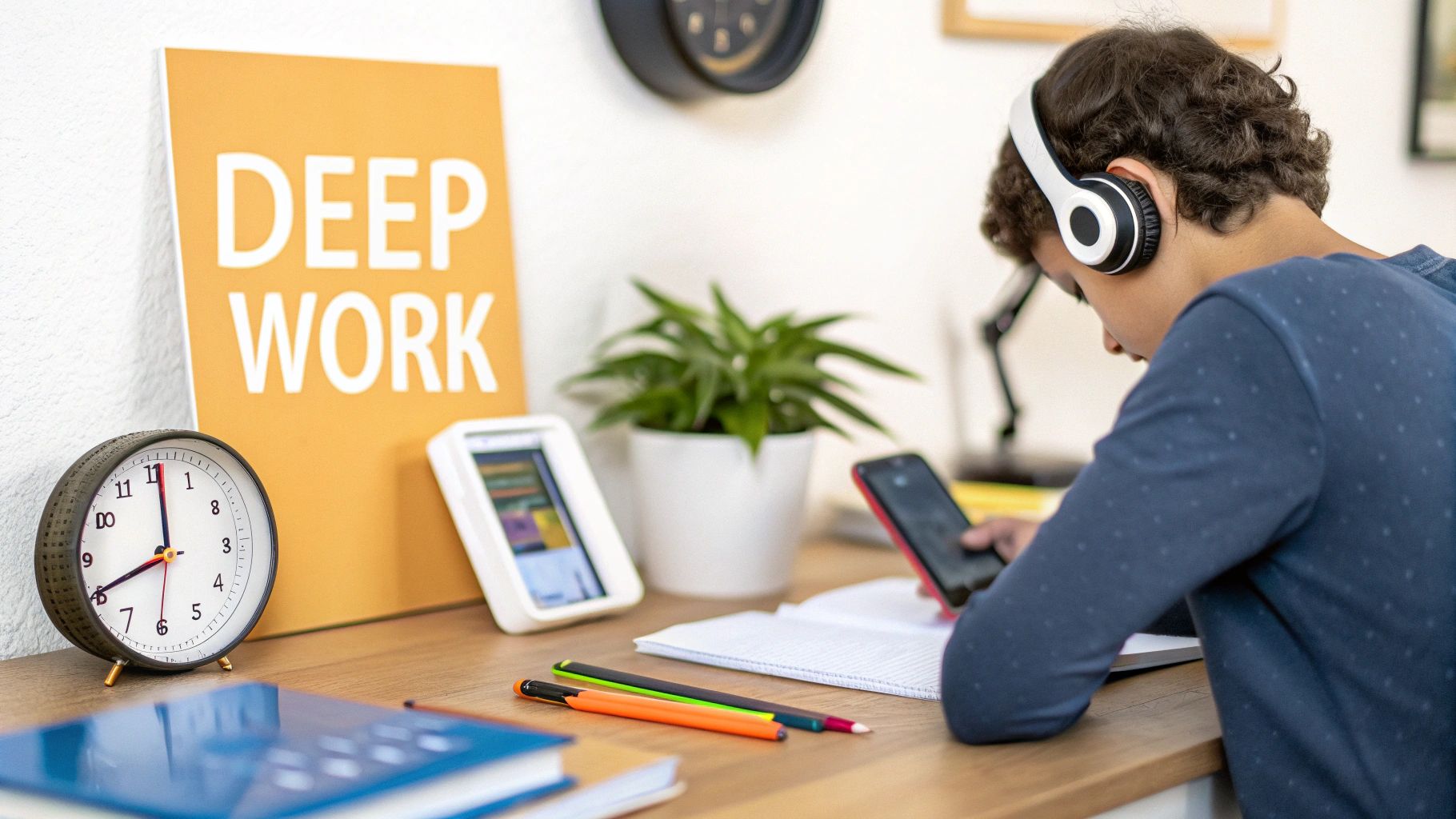 A student wearing headphones looking at a phone while studying at a desk with a 'Deep Work' sign.