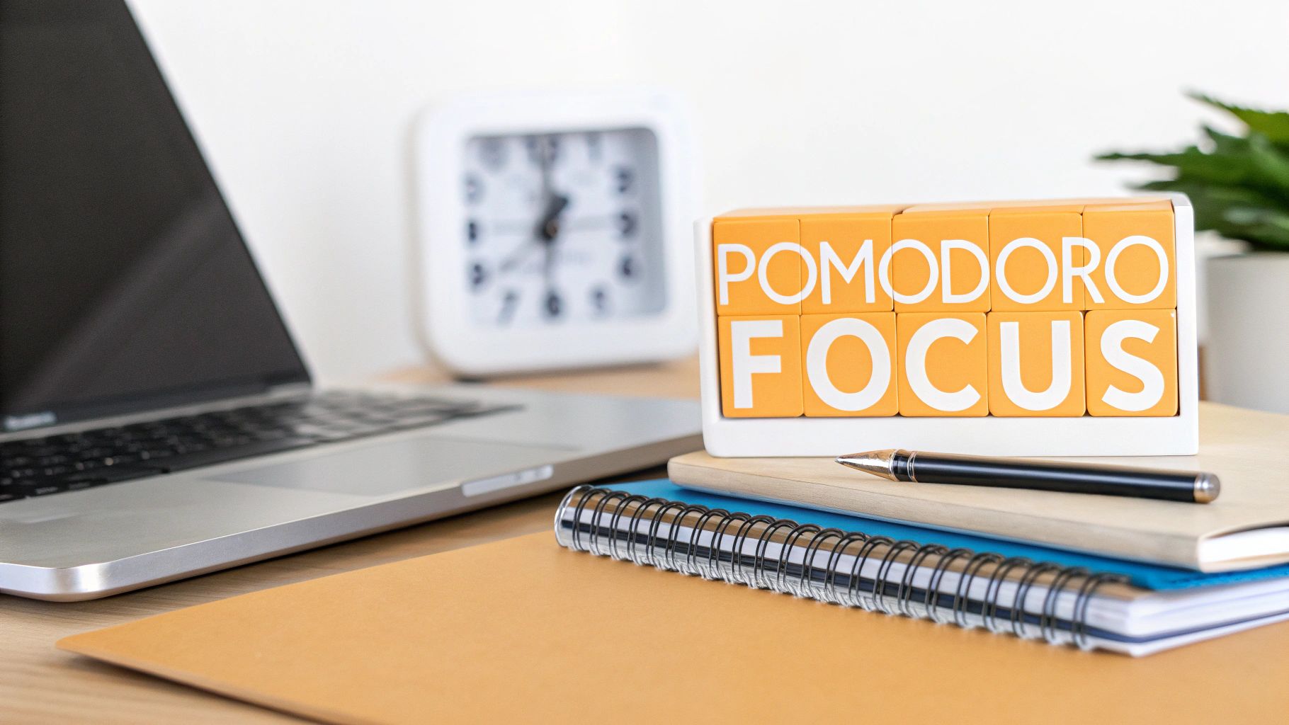 A neatly organized desk features a laptop, clock, notebooks, and a 'POMODORO FOCUS' block.