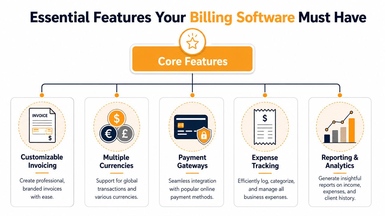 A diagram illustrating five essential core features of professional billing software for business management.