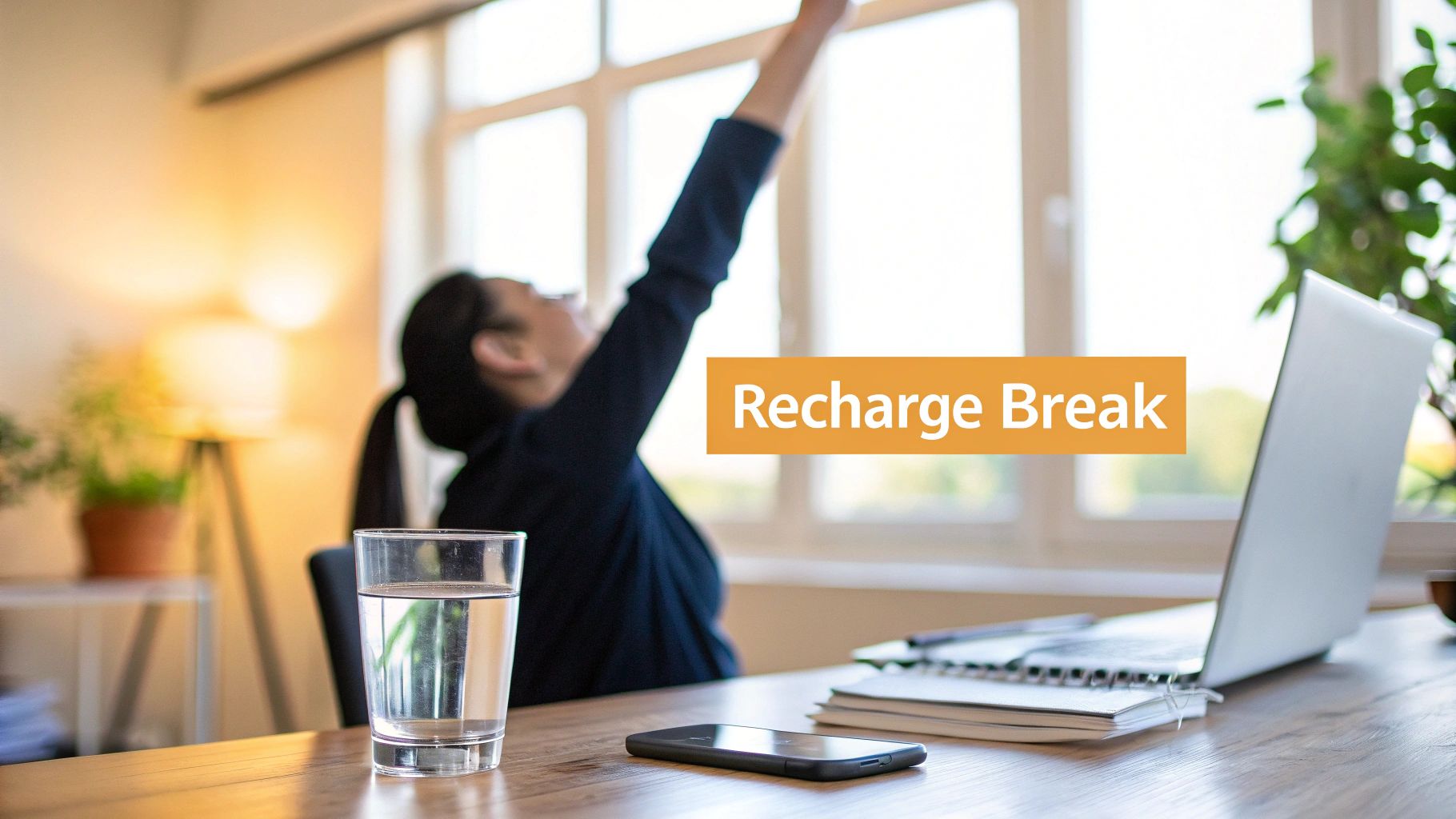 A person stretches at a desk during a 'Recharge Break' with a laptop, phone, and water.