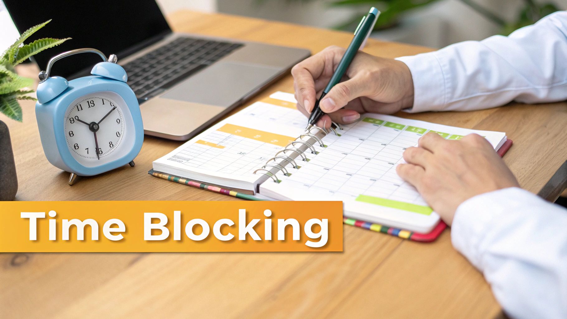 Hands writing in a daily planner with a blue alarm clock, laptop, and 'Time Blocking' text.