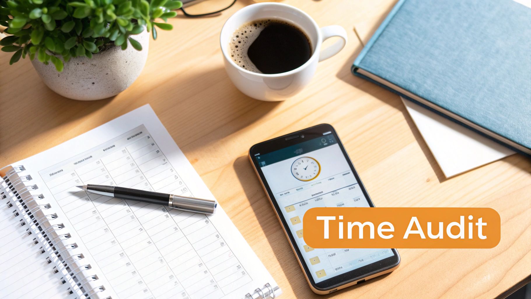 Time audit concept showing smartphone with clock app, planner, coffee cup and notebook on wooden desk