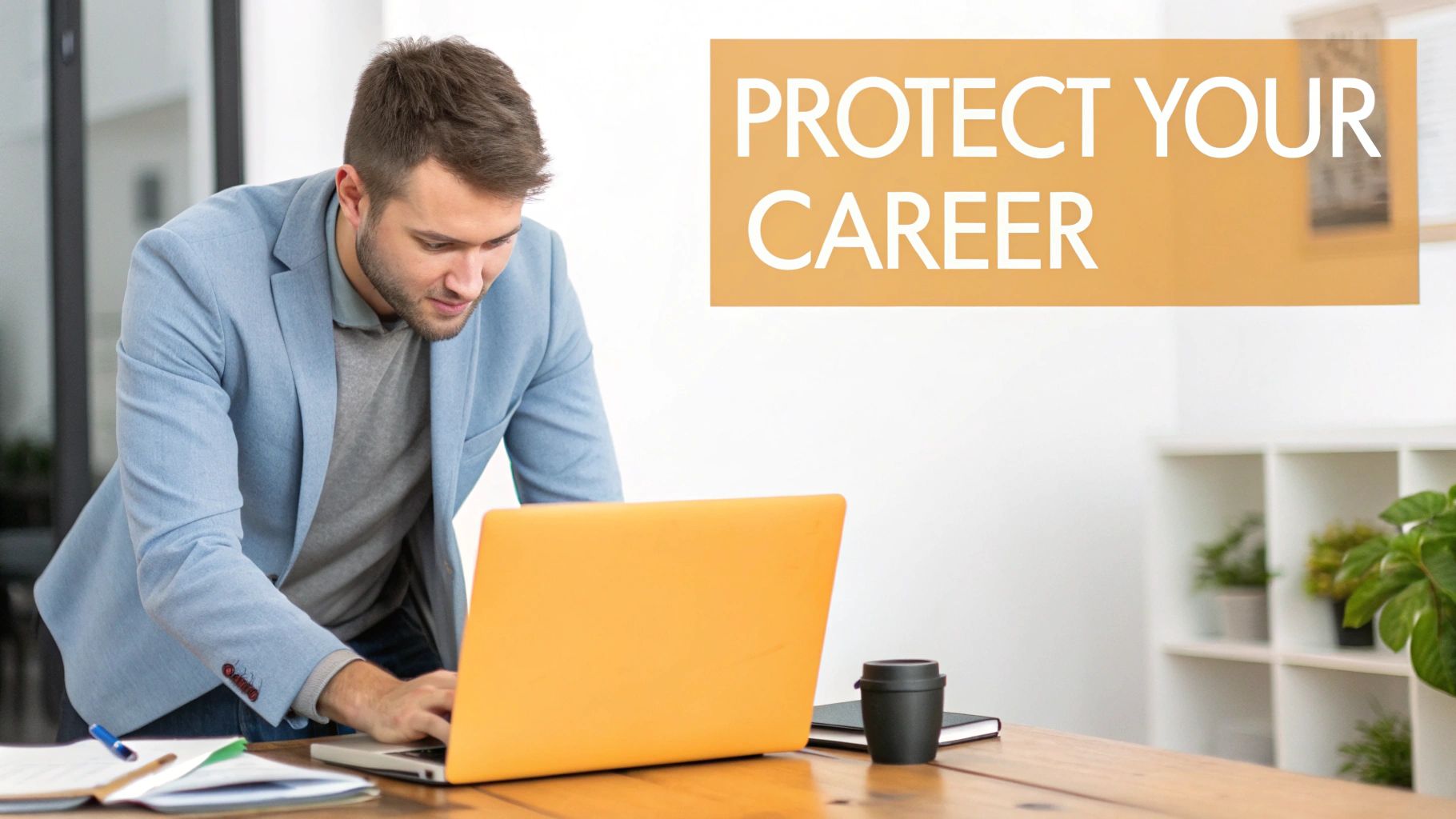 A man in a blue blazer types on an orange laptop, with text 'PROTECT YOUR CAREER' in the background.