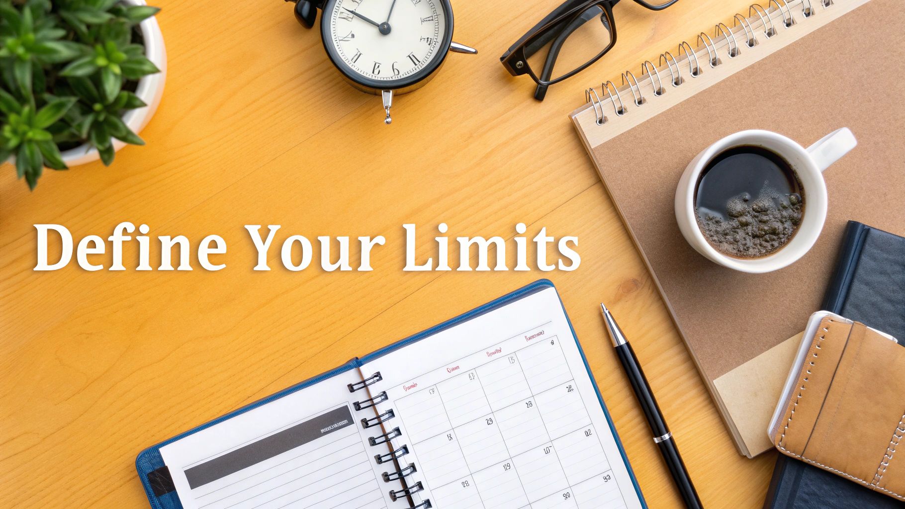 Flat lay of a wooden desk with "Define Your Limits" text, a planner, coffee, and office items.
