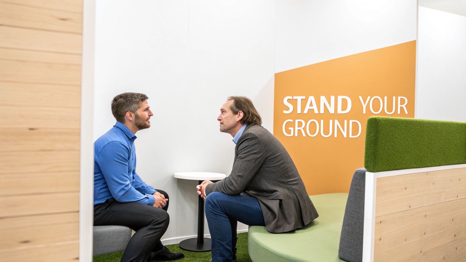 Two men in business attire sit and converse in a modern office space with "STAND YOUR GROUND" on the wall.