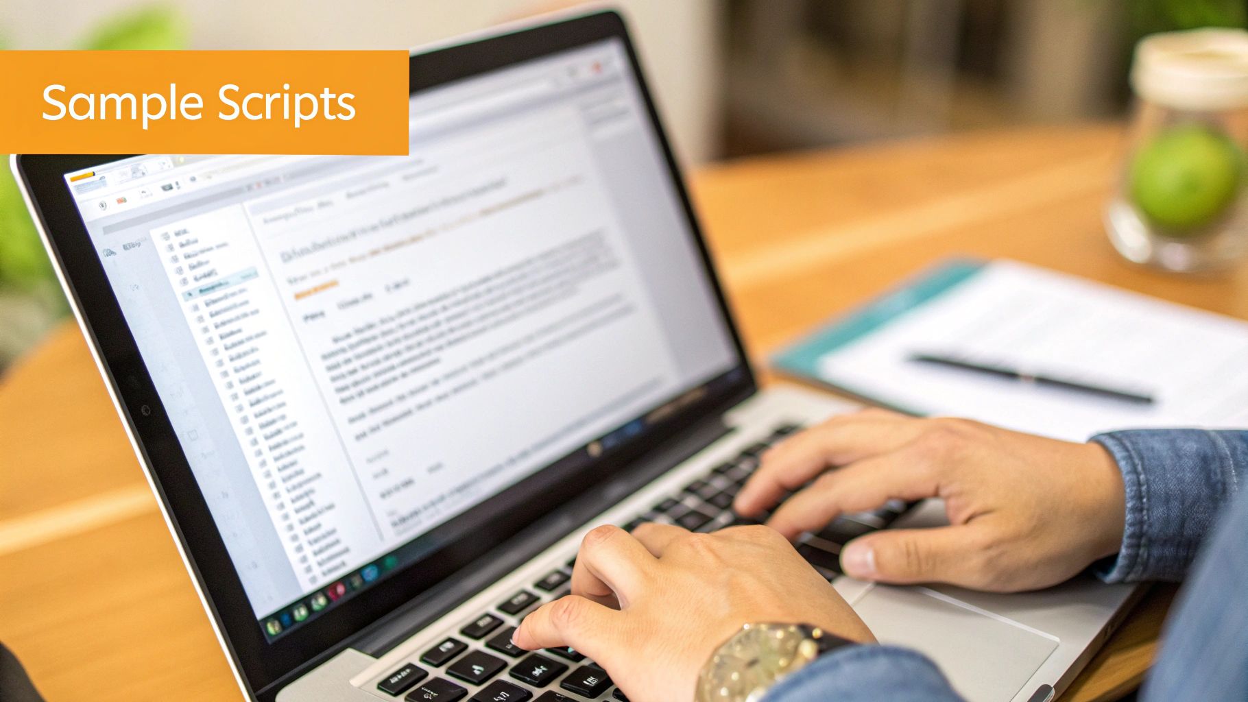 Hands typing on a silver laptop displaying a document with text and an overlay 'Sample Scripts'.