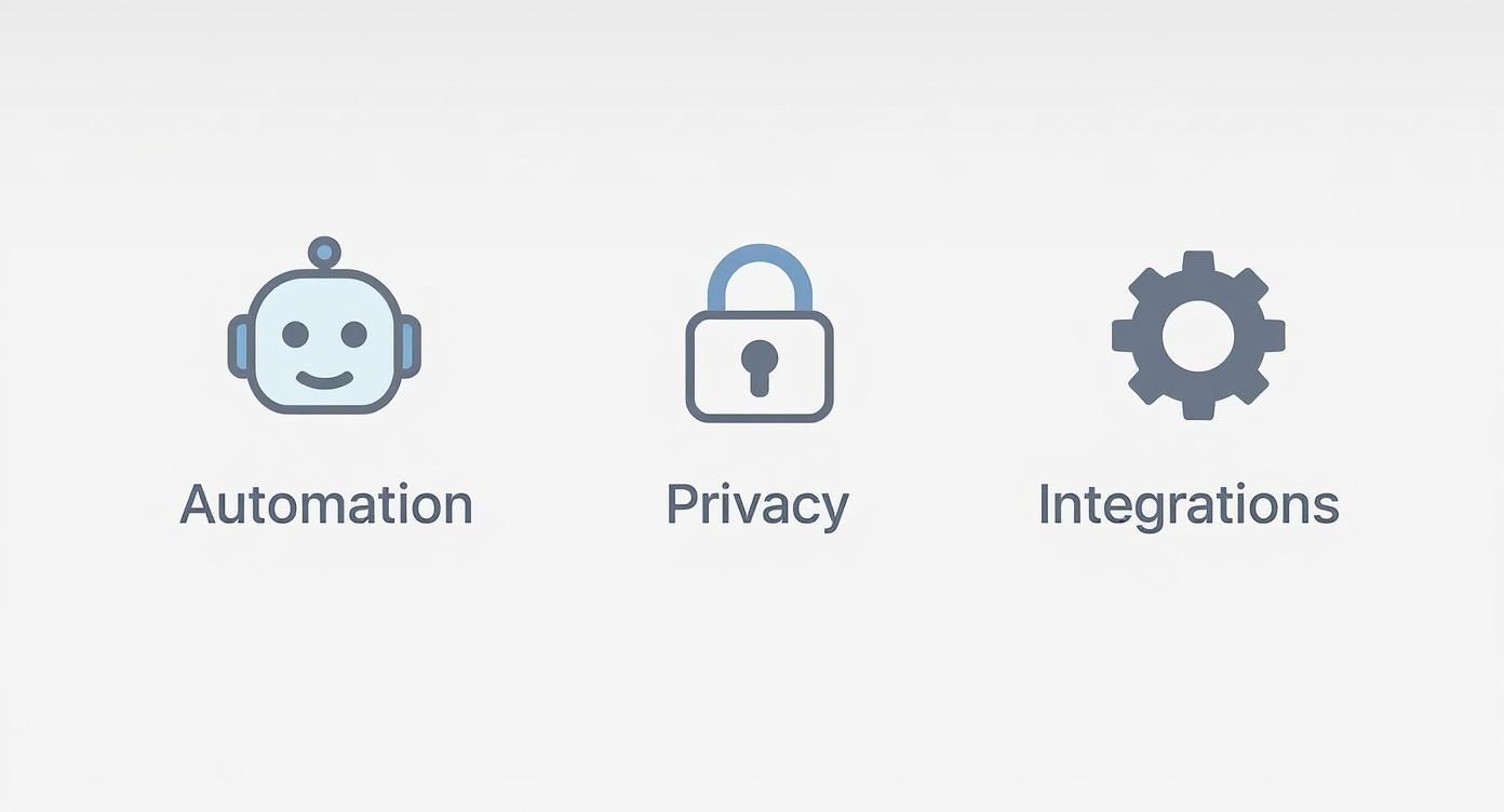 Three icons representing automation (robot), privacy (padlock), and integrations (gear) on a white background.
