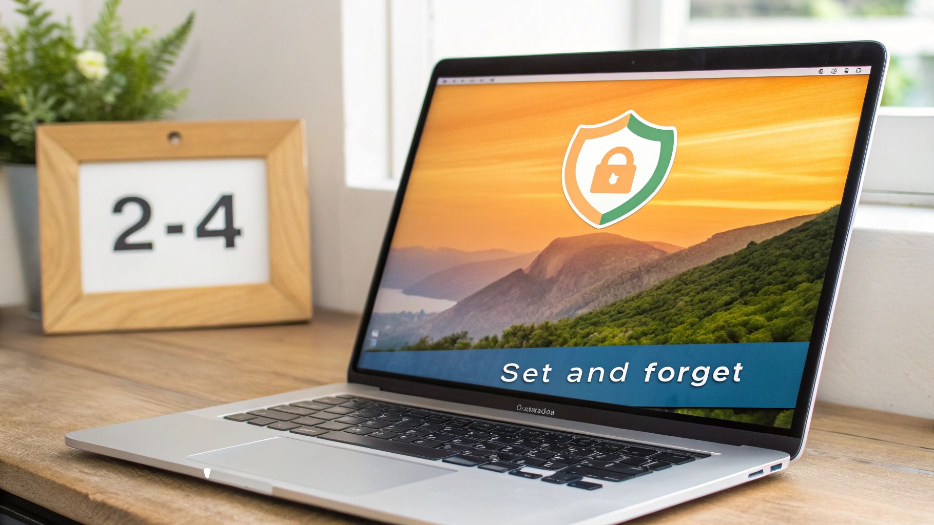 A silver laptop displaying a security shield icon and 'Set and forget' text on a wooden desk.