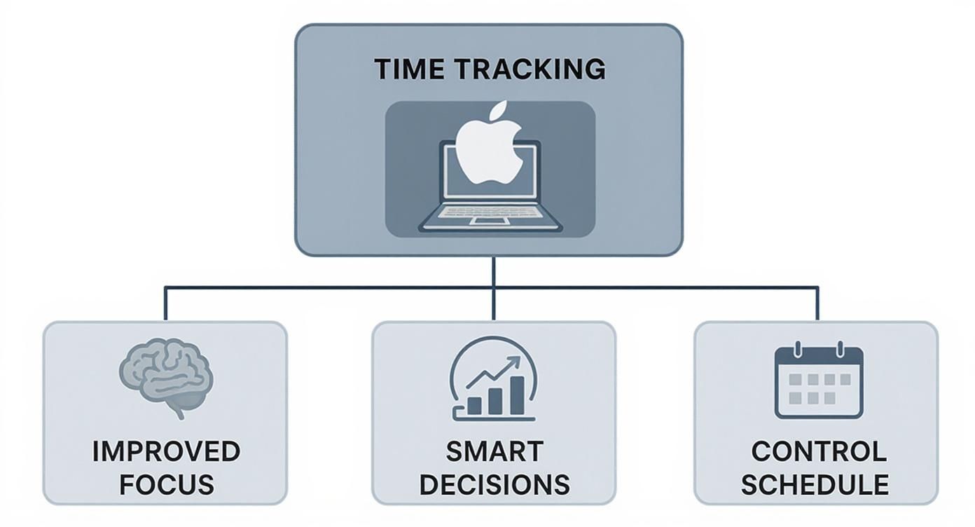Diagram showing Mac time tracking benefits: improved focus, smart decisions, and schedule control.