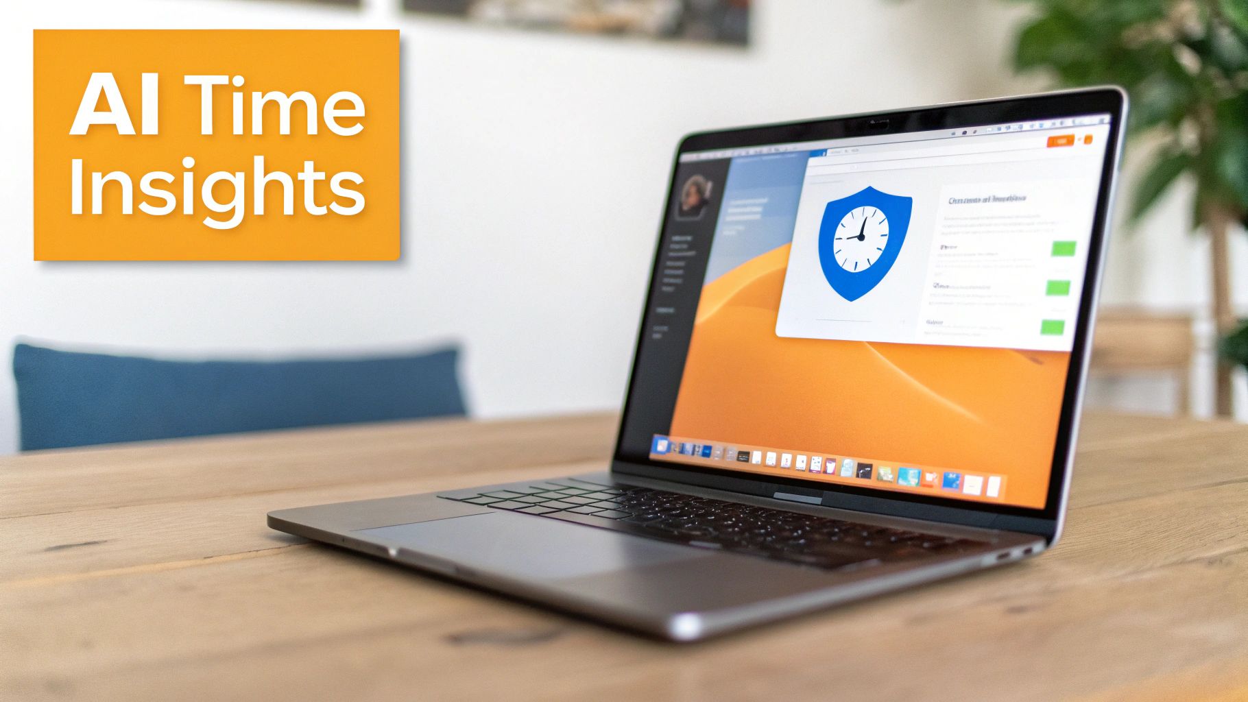 A MacBook Pro laptop on a wooden desk displaying a time tracking application with a shield and clock icon. An orange sign says 'AI Time Insights' in the background.