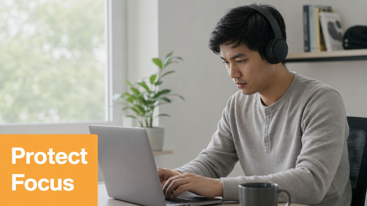 A young man wearing headphones, focused on working on his laptop while sitting at a desk.