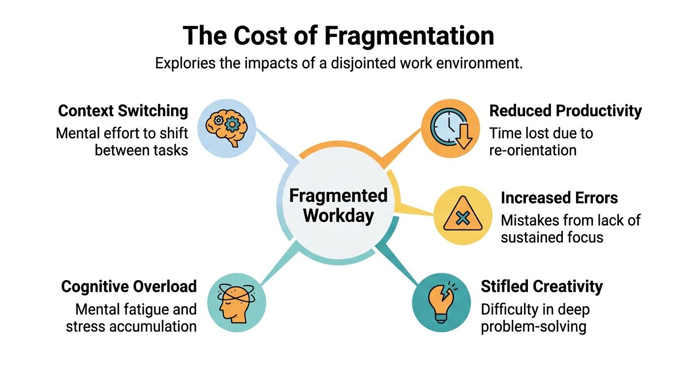 A diagram illustrating the negative impacts of a fragmented workday including cognitive overload, reduced productivity, and errors.
