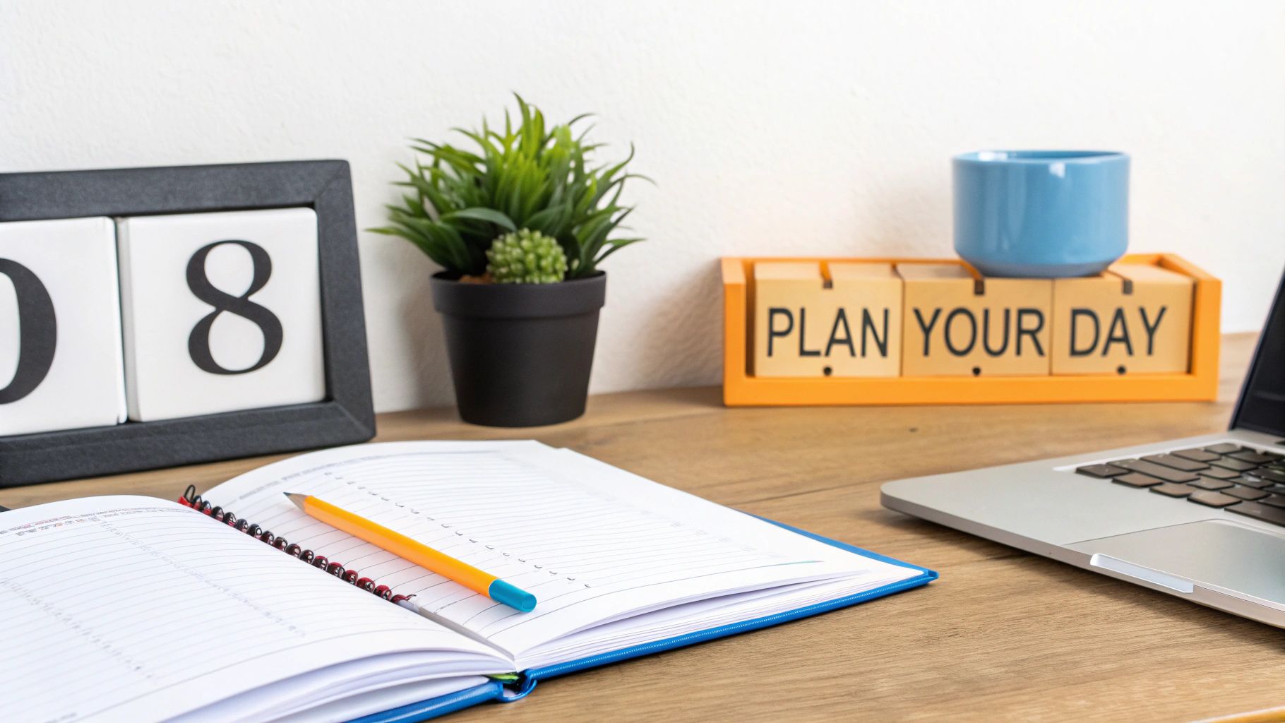 Close-up of an organized desk featuring a planner, laptop, plant, and 'PLAN YOUR DAY' calendar.