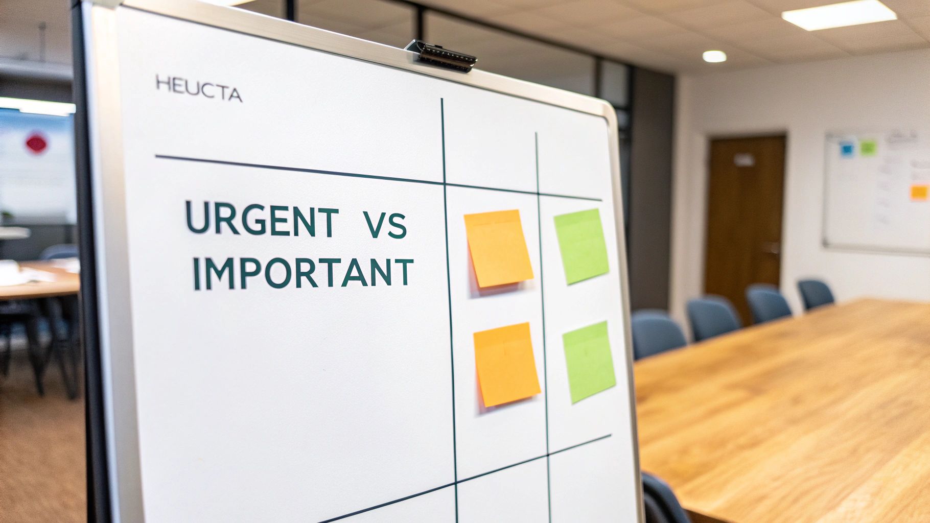 A whiteboard displays 'URGENT VS IMPORTANT' framework with orange and green sticky notes.