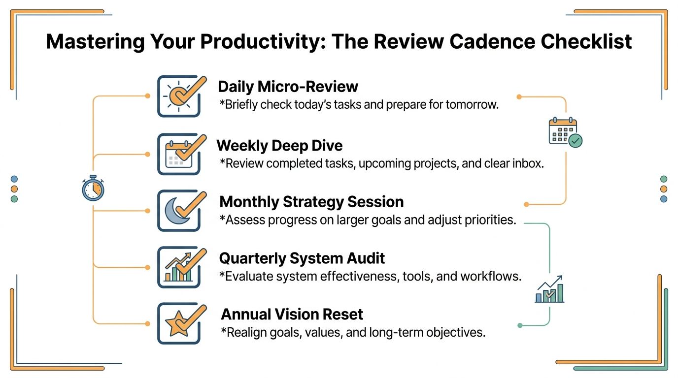 A productivity infographic displaying a review cadence checklist for daily, weekly, monthly, quarterly, and annual planning.
