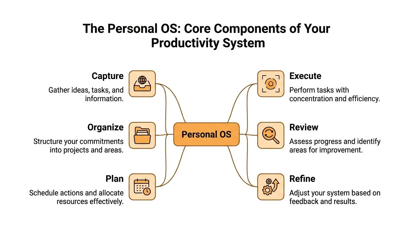A diagram illustrating the core components of a personal productivity system: capture, organize, plan, execute, review, and refine.
