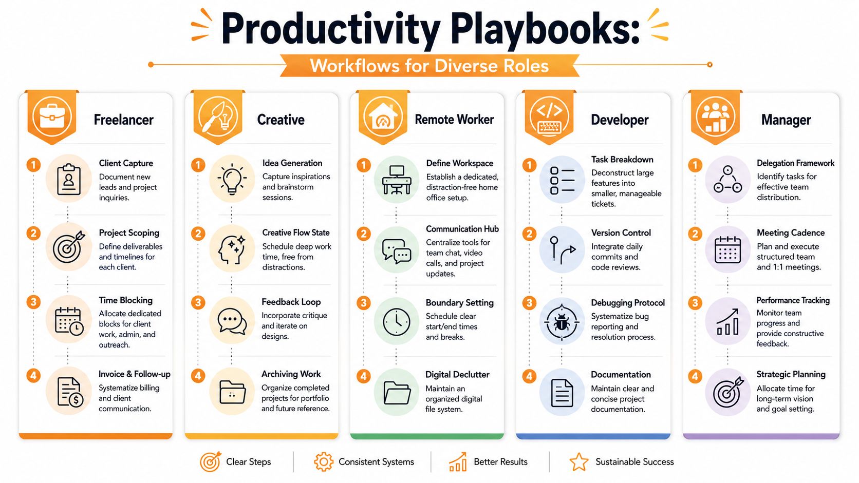 A visual guide illustrating productivity playbooks and specific workflows for five distinct professional career roles.