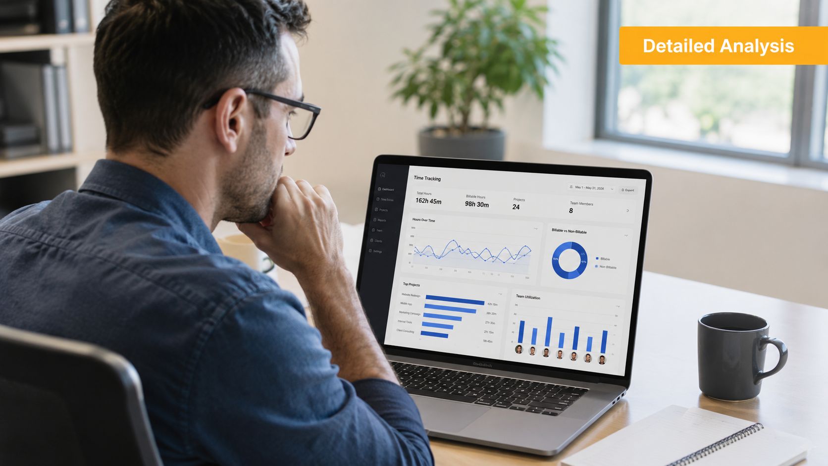 A professional man reviewing data and time tracking analytics on his laptop screen in an office.