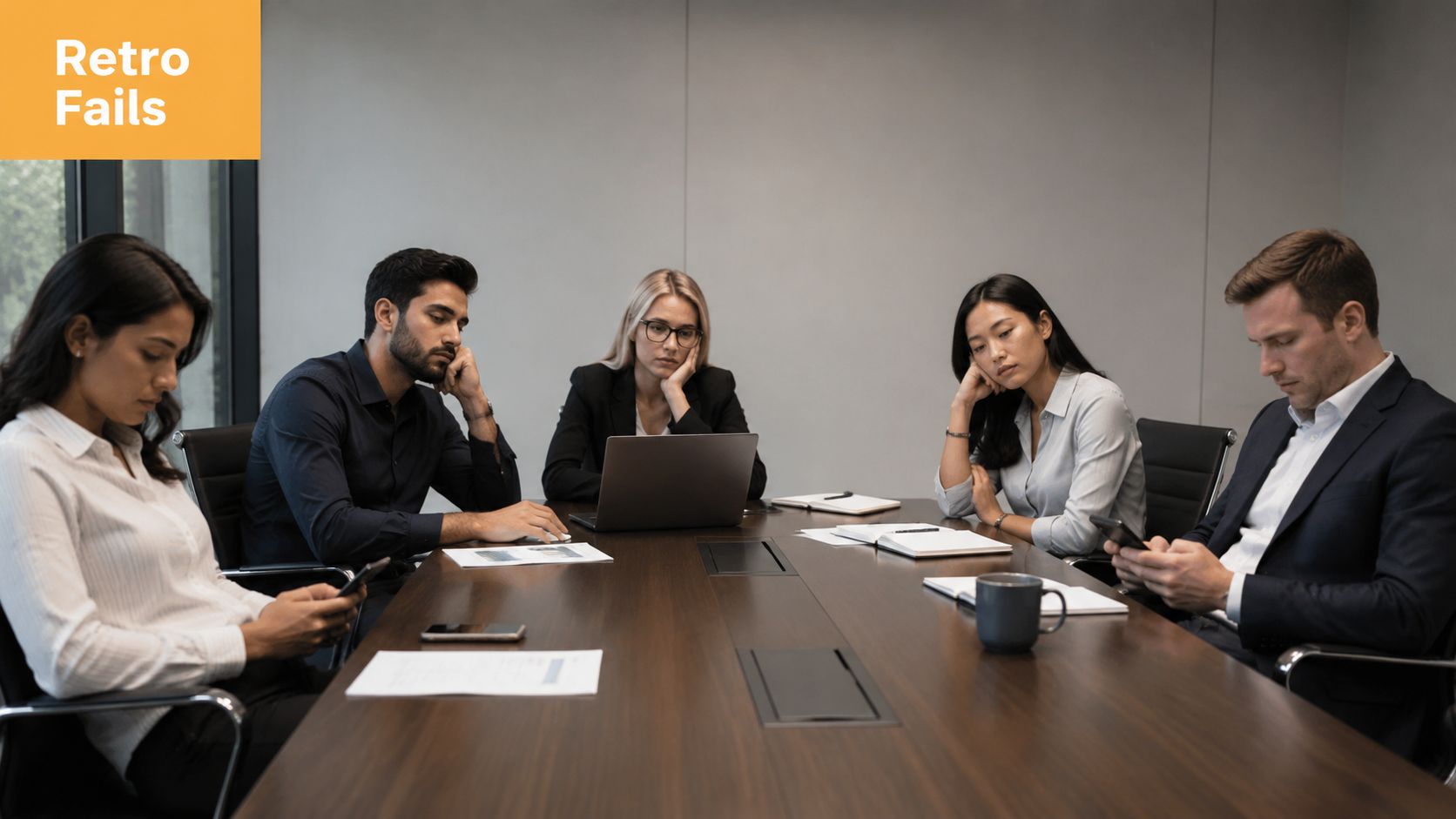 A group of professionals sitting at a boardroom table looking bored during a tedious meeting.