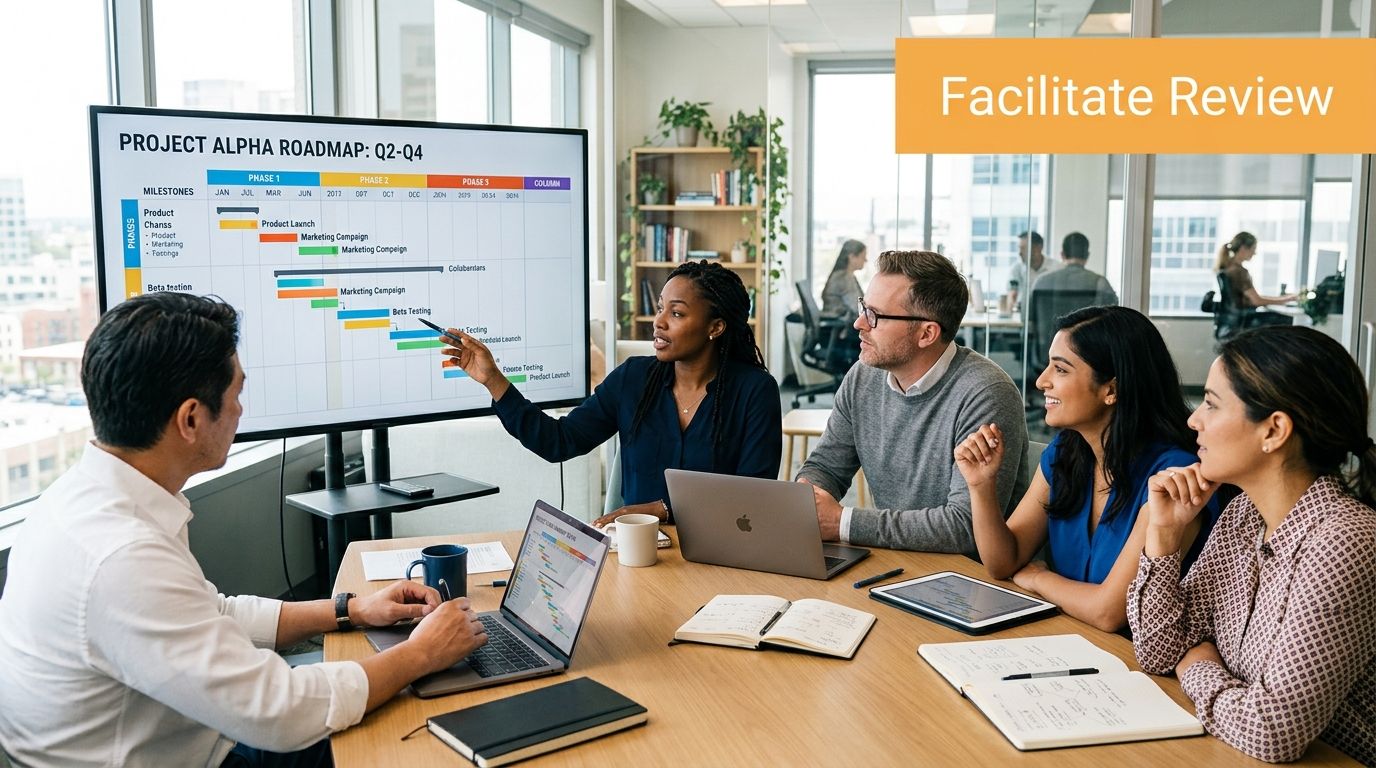 A professional team collaborating on a project roadmap presentation in a modern office meeting room.
