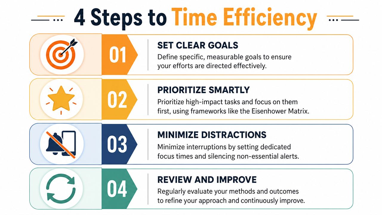 A four-step infographic showing how to increase time efficiency through goal setting, prioritization, focus, and continuous improvement.